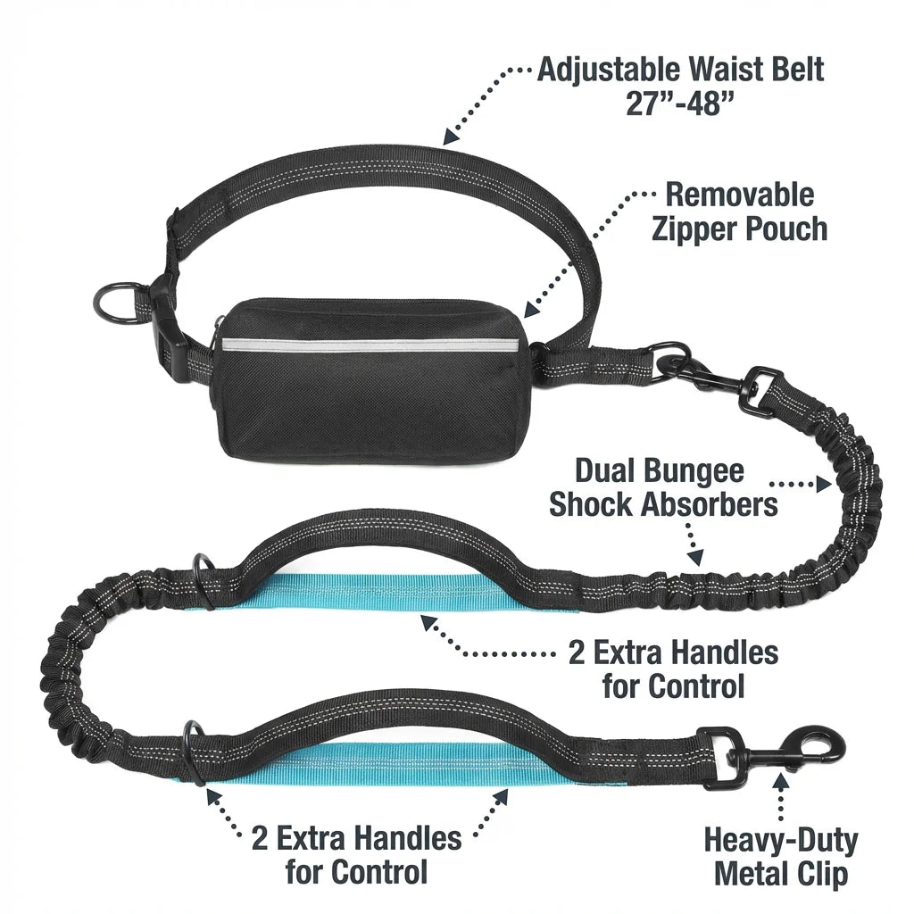 TrailPaw Hands-Free Running Dog Leash with Zipper Pouch  Dual Bungee, Reflective, Waist Belt