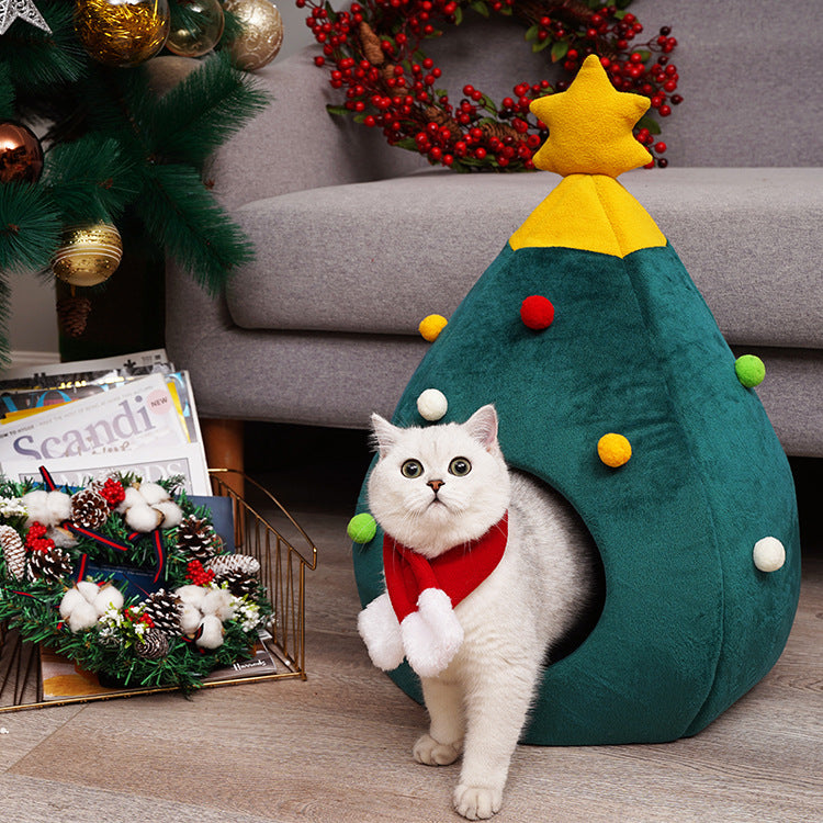 TrailPaw Festive Plush Christmas Tree Cat Bed