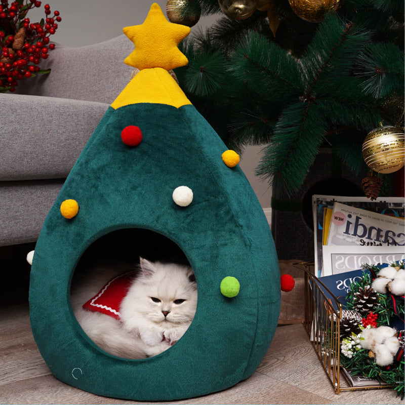 TrailPaw Festive Plush Christmas Tree Cat Bed